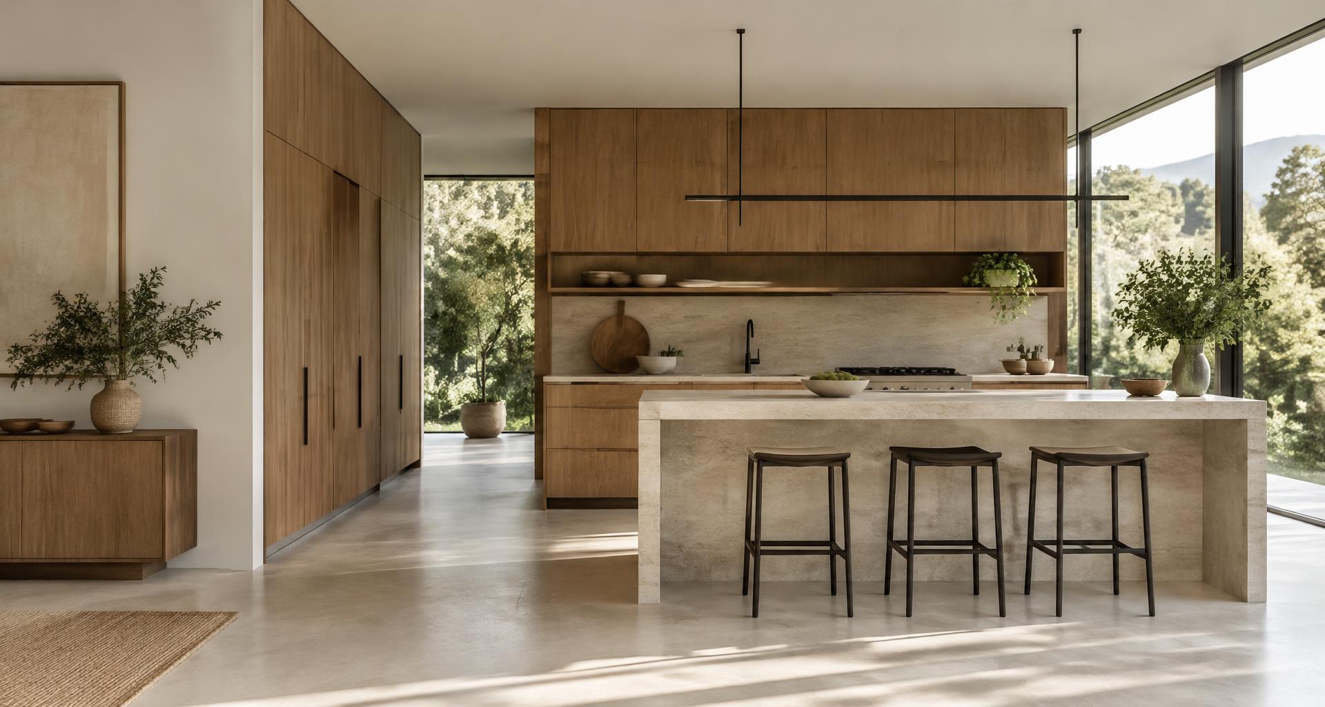 Cozinha contemporânea com marcenaria em madeira natural, ilha de pedra e grandes esquadrias