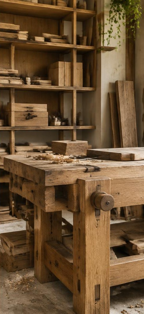 Bancada de trabalho artesanal com madeira e ferramentas